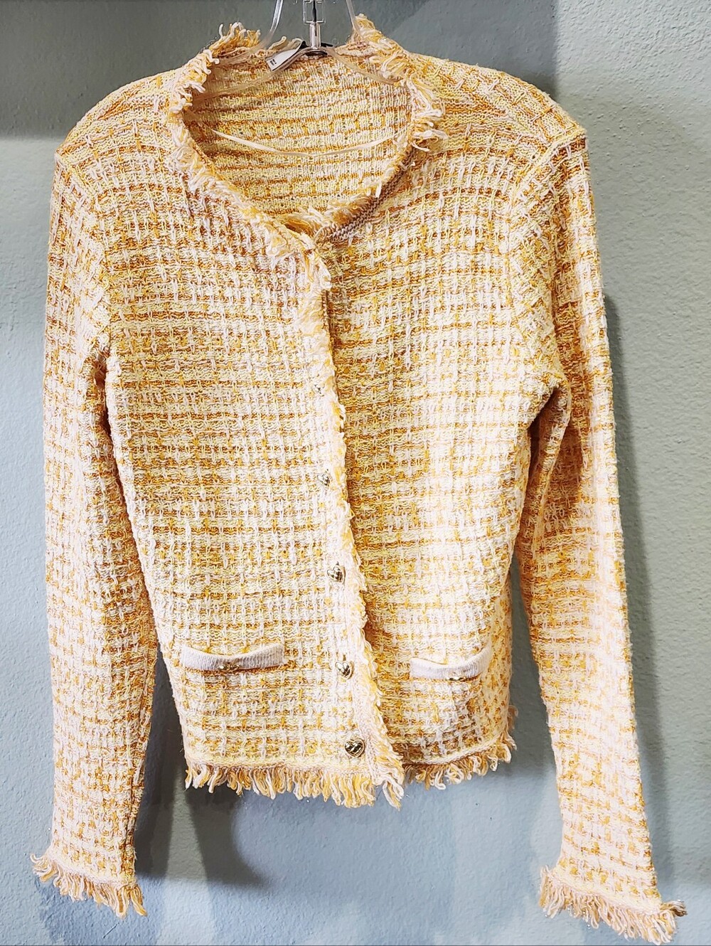 MNG MANGO | Textured Yellow Tweed Fringe Jacket - Picture 5 of 10
